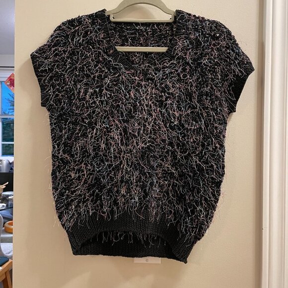 Vintage Handknit Black Rainbow Confetti Crochet Sweater Tee - Picture 4 of 12